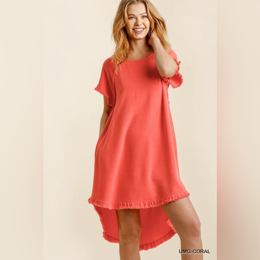 Umgee Linen Blend Round Neck Fringe Pocket High Low Mini Coral Dress small NWT